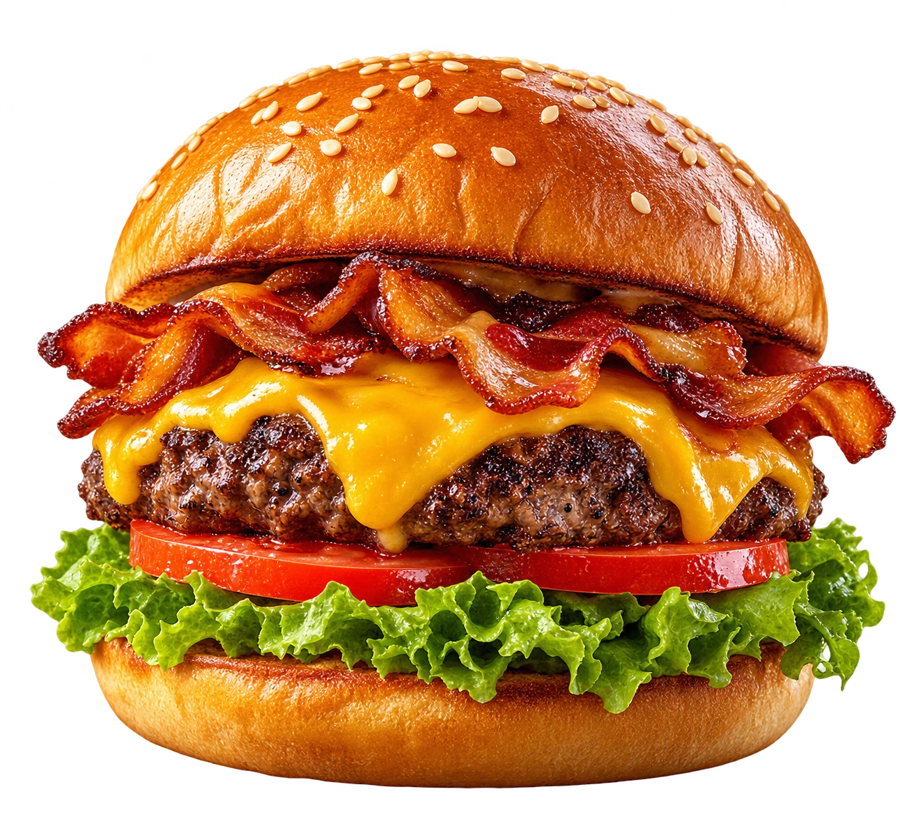 BRASA com brioche dourado, bacon crocante, cheddar derretido, carne, tomate e alface
